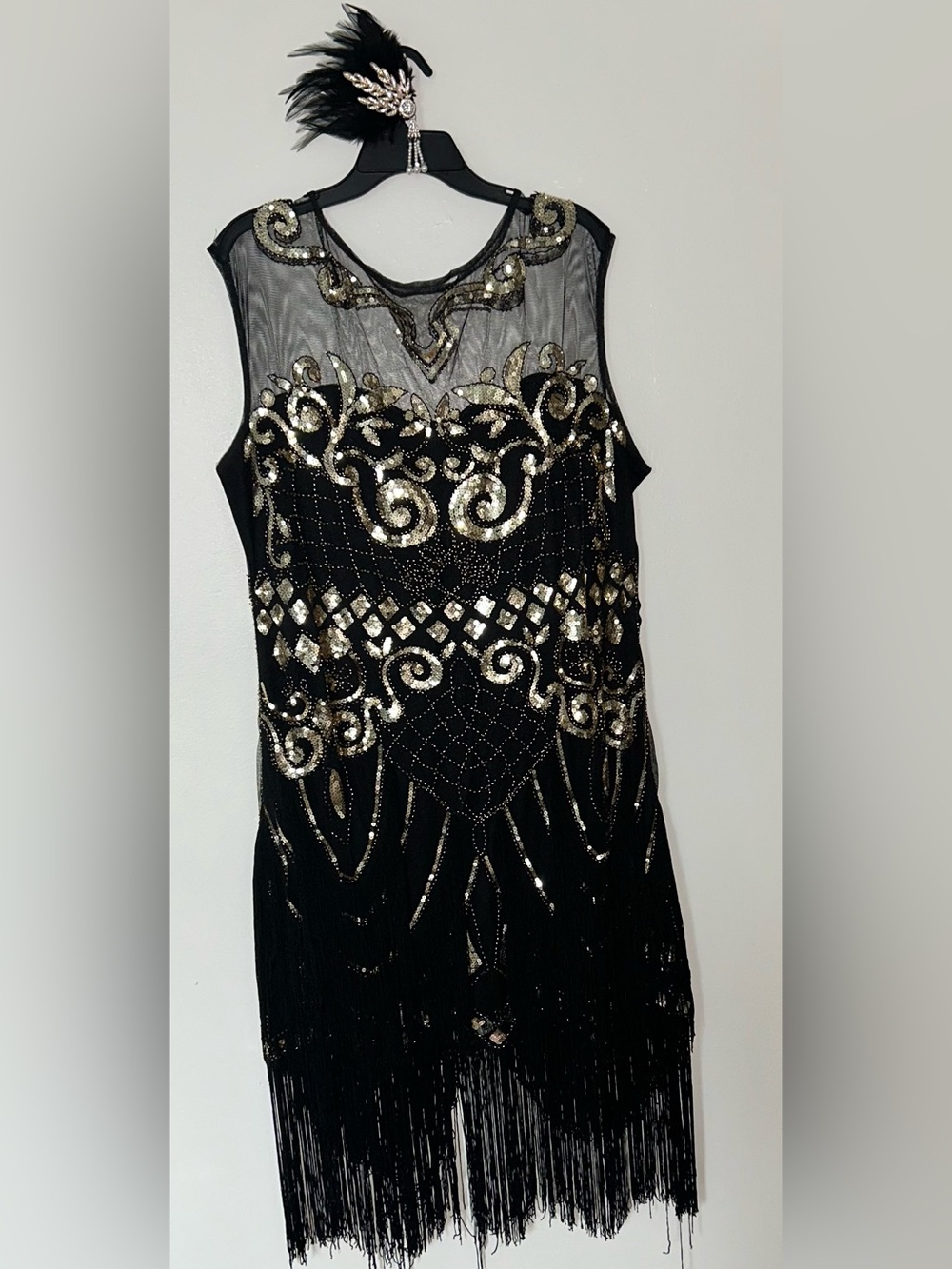 Vintage Black Sequin Fringe Cocktail Dress with Gold Embellishment